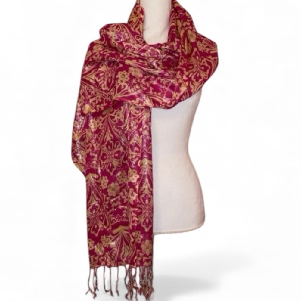 KARMA SCARF Shawl Wrap Fringe Paisley & Floral Pattern Pink and Beige
74” x 23” - Picture 5 of 9